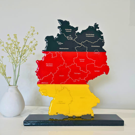 Germany Map, Germany Flag Colours, Engraved States - Glossy Resin Finish | Perfect Gift