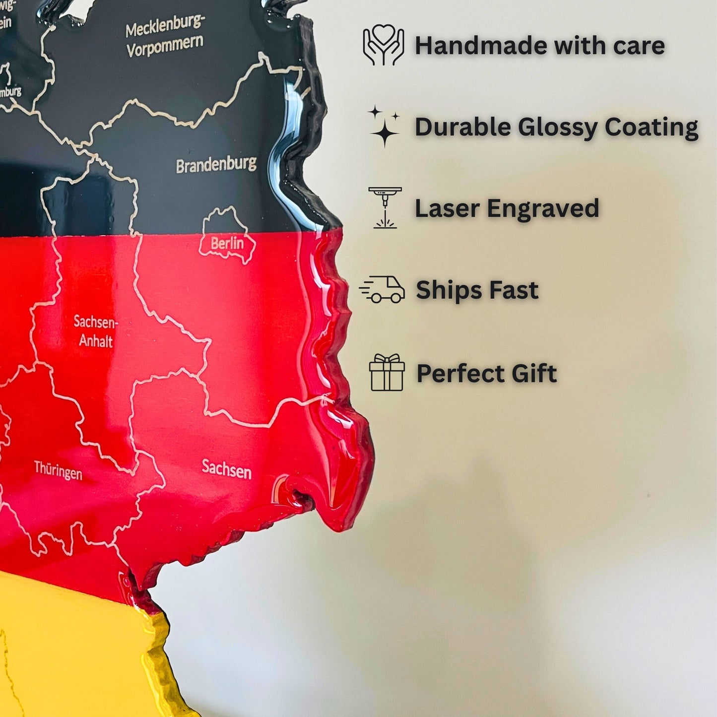 Germany Map, Germany Flag Colours, Engraved States - Glossy Resin Finish | Perfect Gift