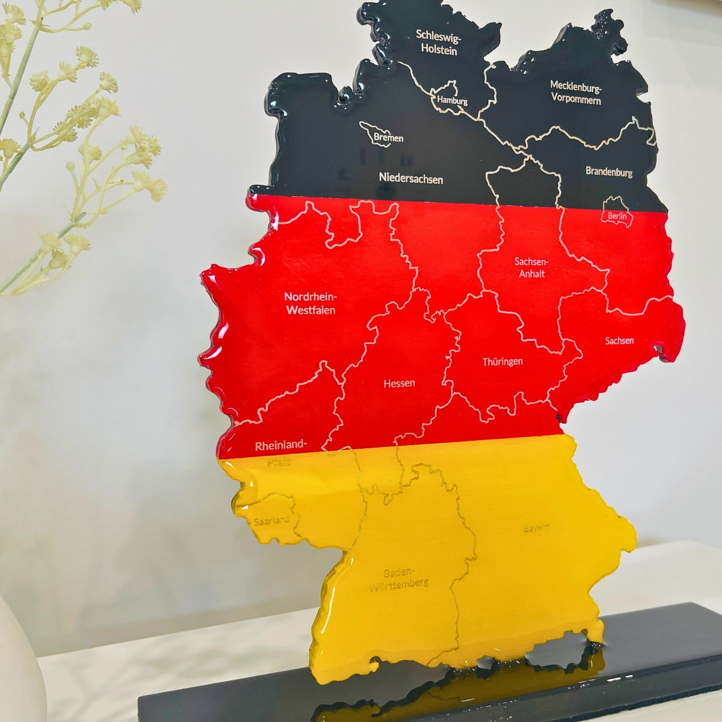 Germany Map, Germany Flag Colours, Engraved States - Glossy Resin Finish | Perfect Gift