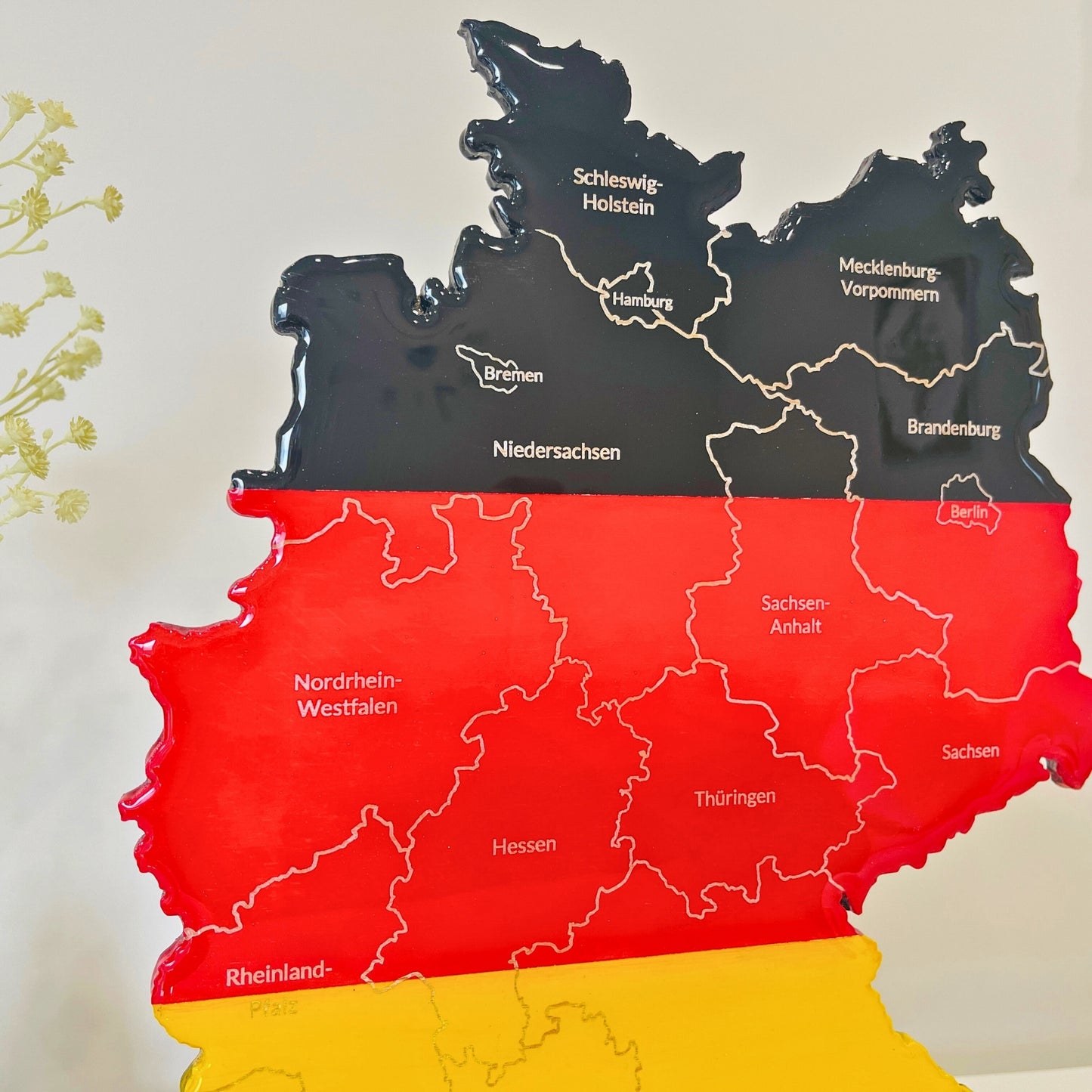 Germany Map, Germany Flag Colours, Engraved States - Glossy Resin Finish | Perfect Gift