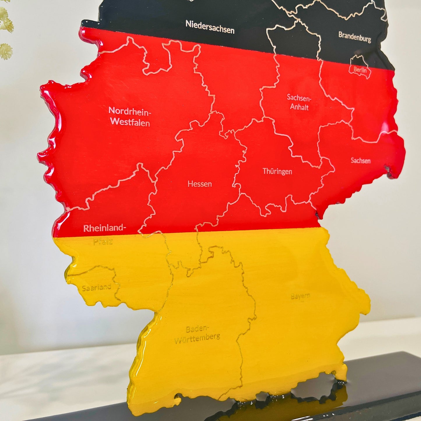 Germany Map, Germany Flag Colours, Engraved States - Glossy Resin Finish | Perfect Gift