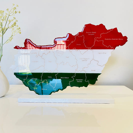 Hungary Map, Hungary Flag Colours, Engraved Hungary Counties - Glossy Resin Finish | Perfect Gift