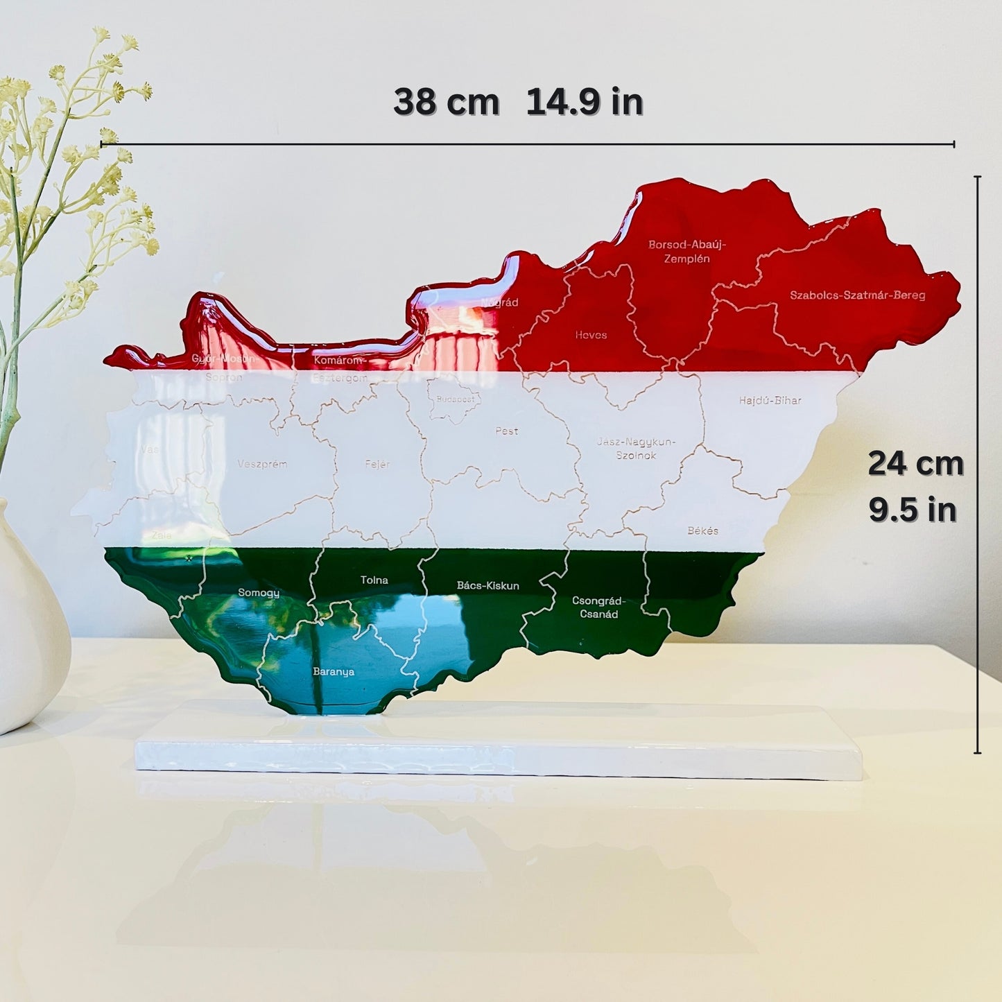Hungary Map, Hungary Flag Colours, Engraved Hungary Counties - Glossy Resin Finish | Perfect Gift