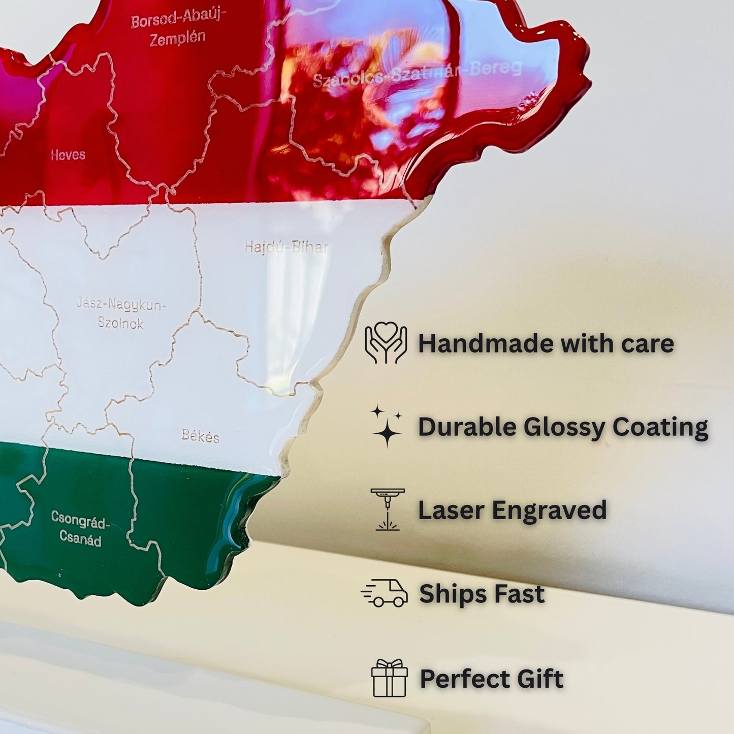 Hungary Map, Hungary Flag Colours, Engraved Hungary Counties - Glossy Resin Finish | Perfect Gift