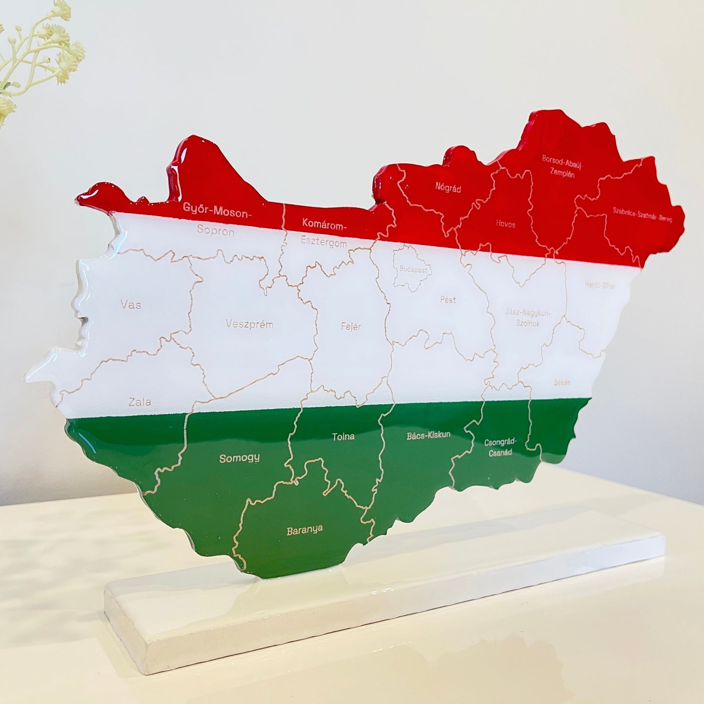 Hungary Map, Hungary Flag Colours, Engraved Hungary Counties - Glossy Resin Finish | Perfect Gift