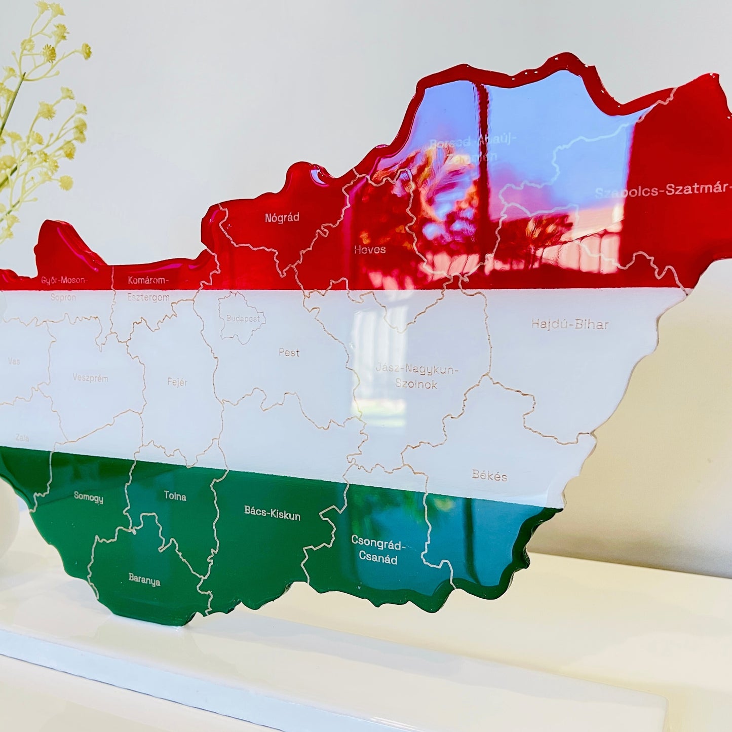 Hungary Map, Hungary Flag Colours, Engraved Hungary Counties - Glossy Resin Finish | Perfect Gift