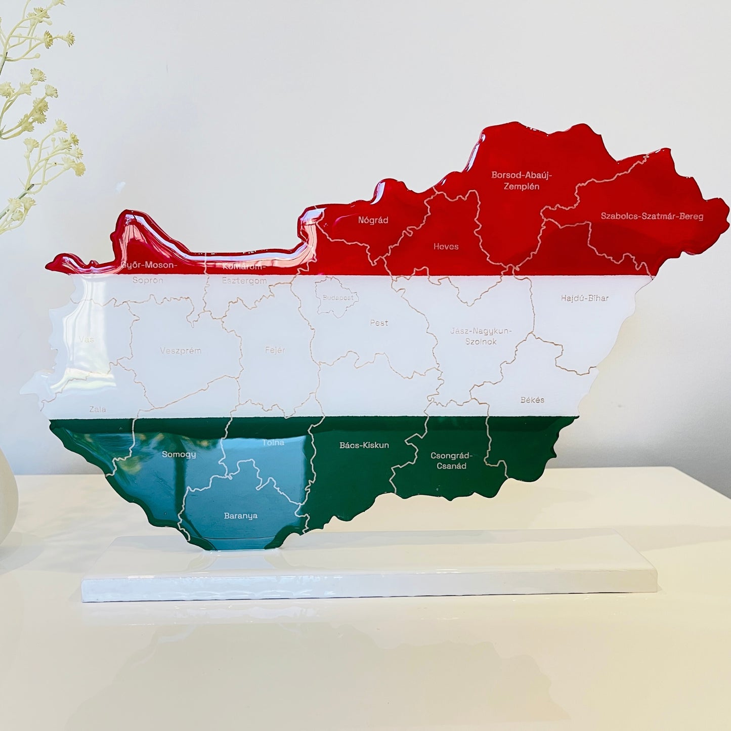 Hungary Map, Hungary Flag Colours, Engraved Hungary Counties - Glossy Resin Finish | Perfect Gift