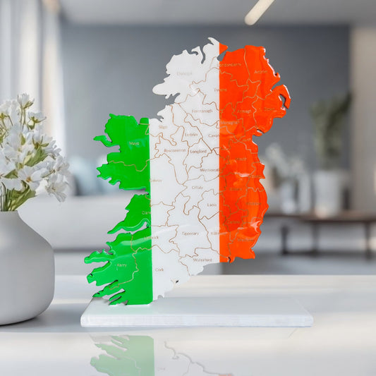 Ireland Map, Irish Flag Colours, Engraved Irish Counties - Glossy Resin Finish | Perfect Gift