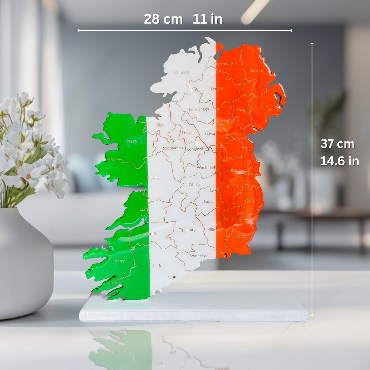 Ireland Map, Irish Flag Colours, Engraved Irish Counties - Glossy Resin Finish | Perfect Gift