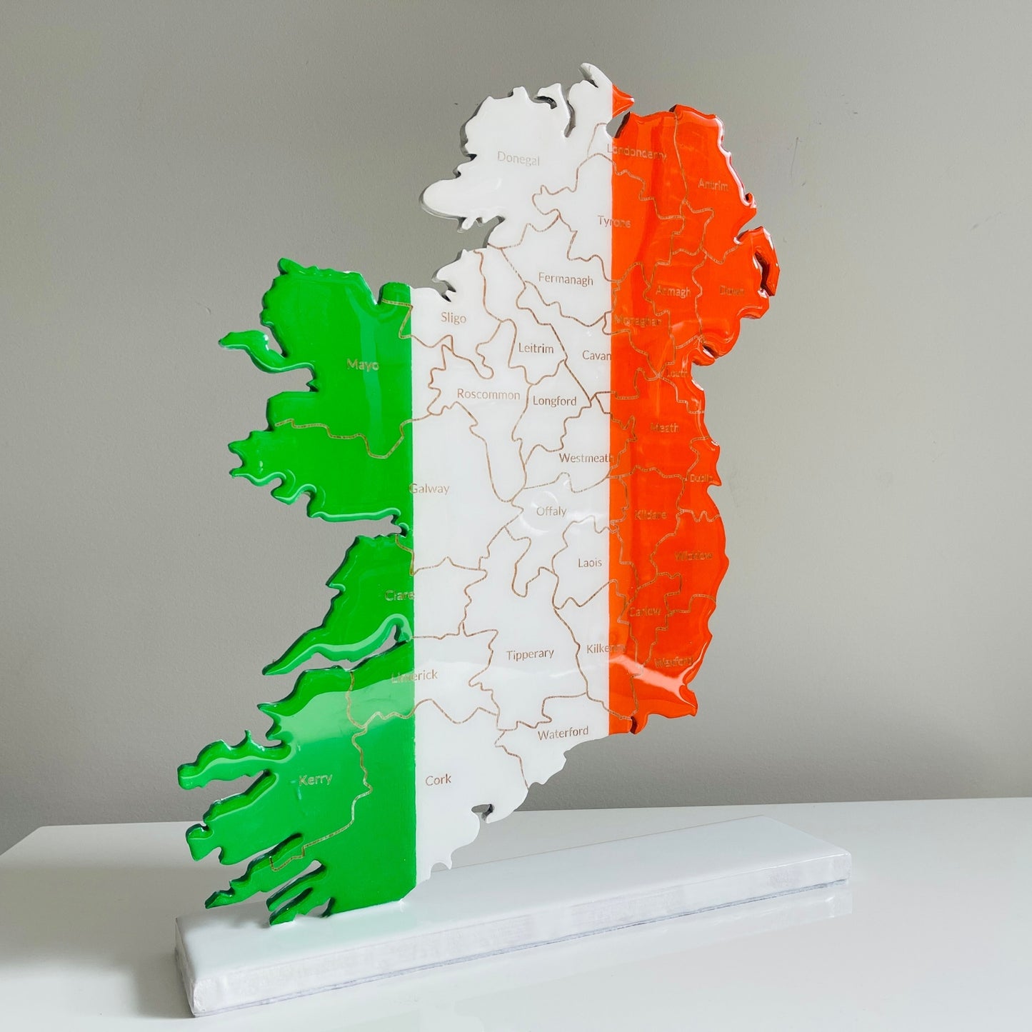 Ireland Map, Irish Flag Colours, Engraved Irish Counties - Glossy Resin Finish | Perfect Gift