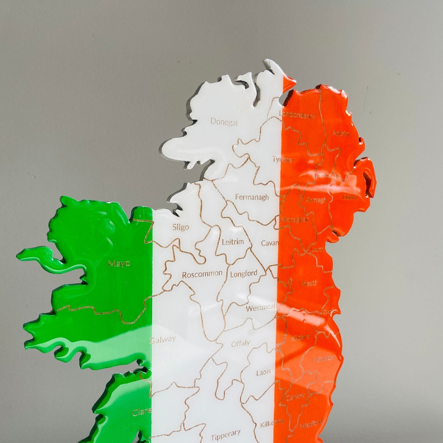 Ireland Map, Irish Flag Colours, Engraved Irish Counties - Glossy Resin Finish | Perfect Gift