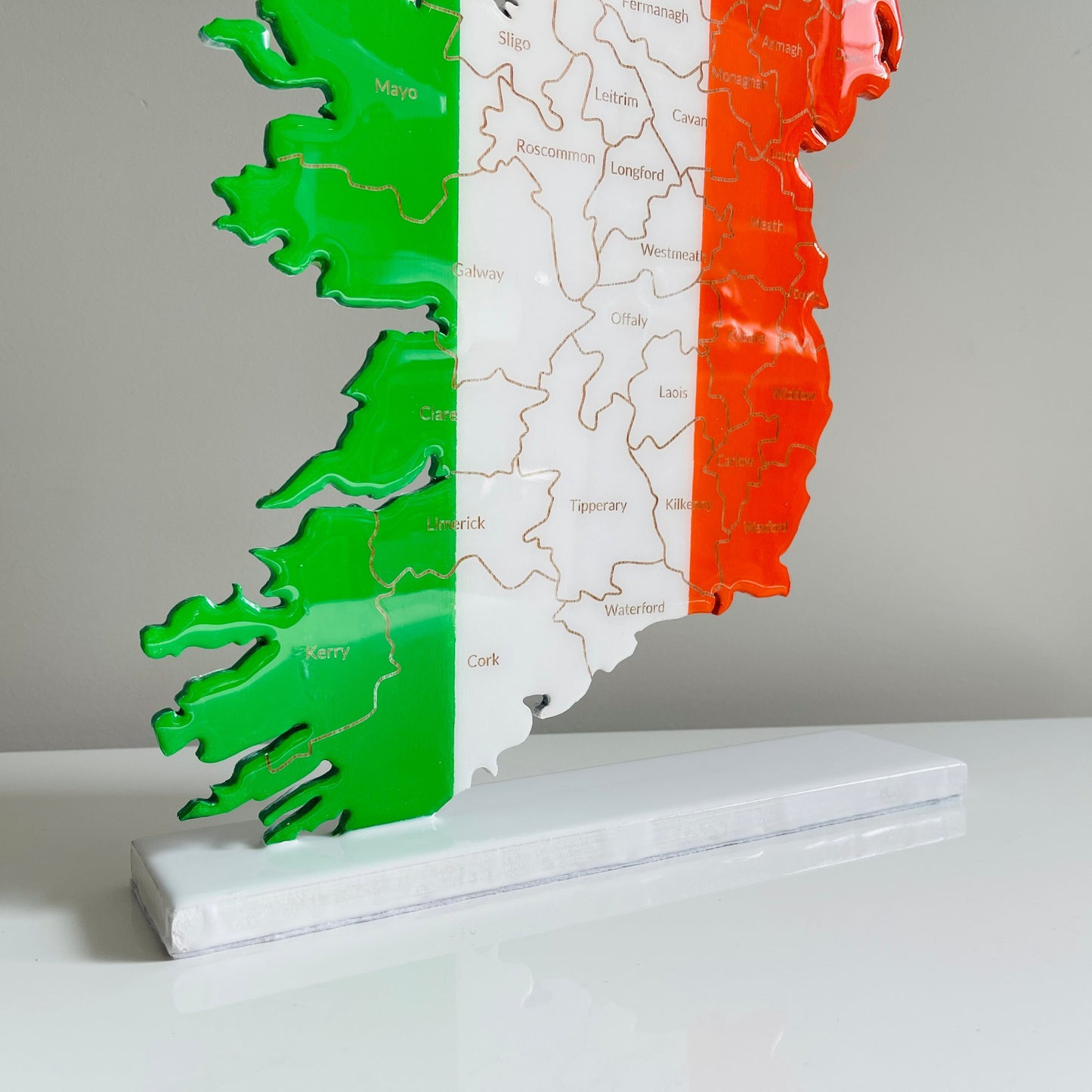 Ireland Map, Irish Flag Colours, Engraved Irish Counties - Glossy Resin Finish | Perfect Gift