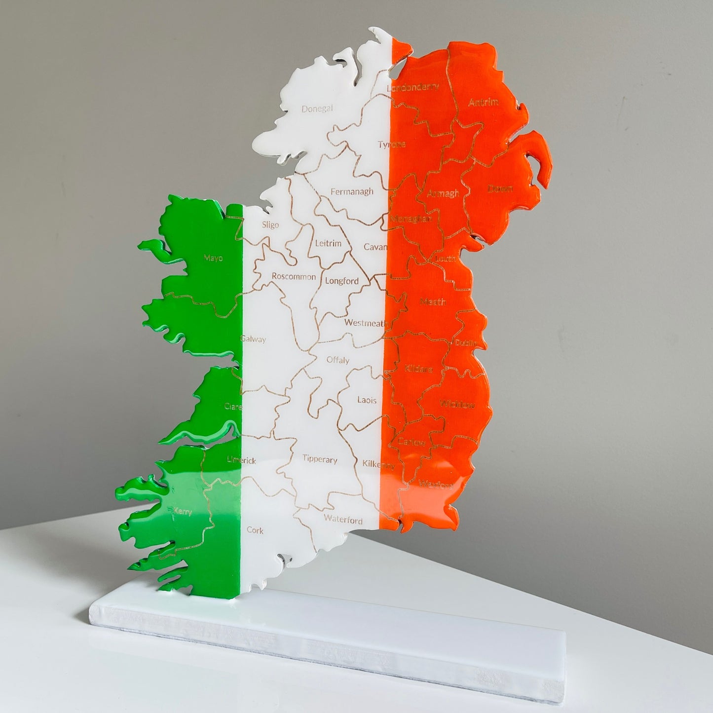 Ireland Map, Irish Flag Colours, Engraved Irish Counties - Glossy Resin Finish | Perfect Gift