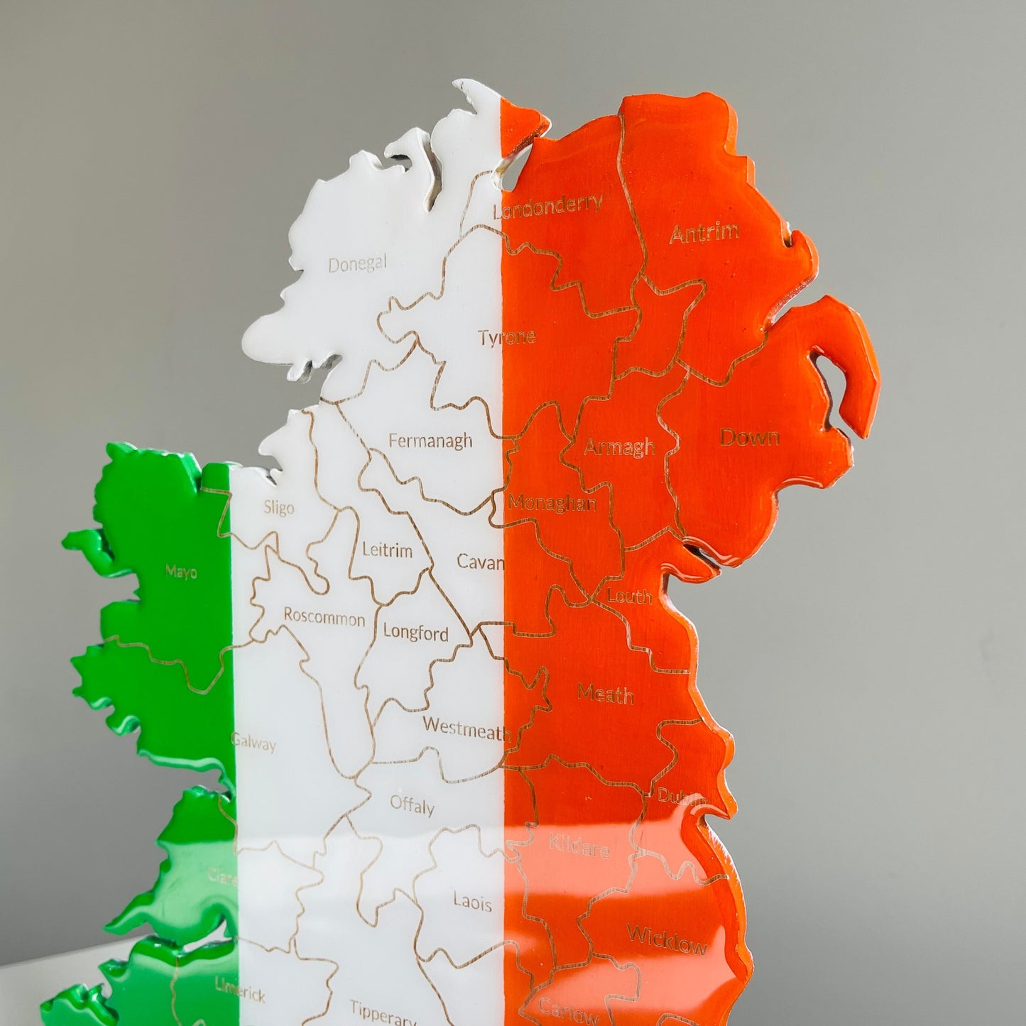 Ireland Map, Irish Flag Colours, Engraved Irish Counties - Glossy Resin Finish | Perfect Gift