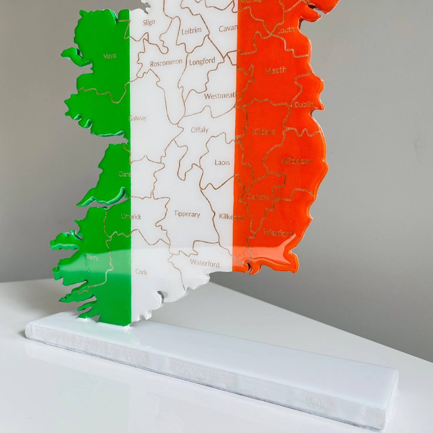 Ireland Map, Irish Flag Colours, Engraved Irish Counties - Glossy Resin Finish | Perfect Gift