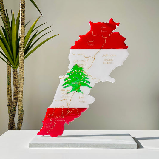 Lebanon Map, Flag Colours, Engraved Governorates - Resin Finish | Perfect Gift