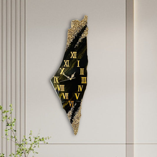 Palestine Map, Palestine Wall Clock - Black & Gold, Resin Coating | Perfect Gift