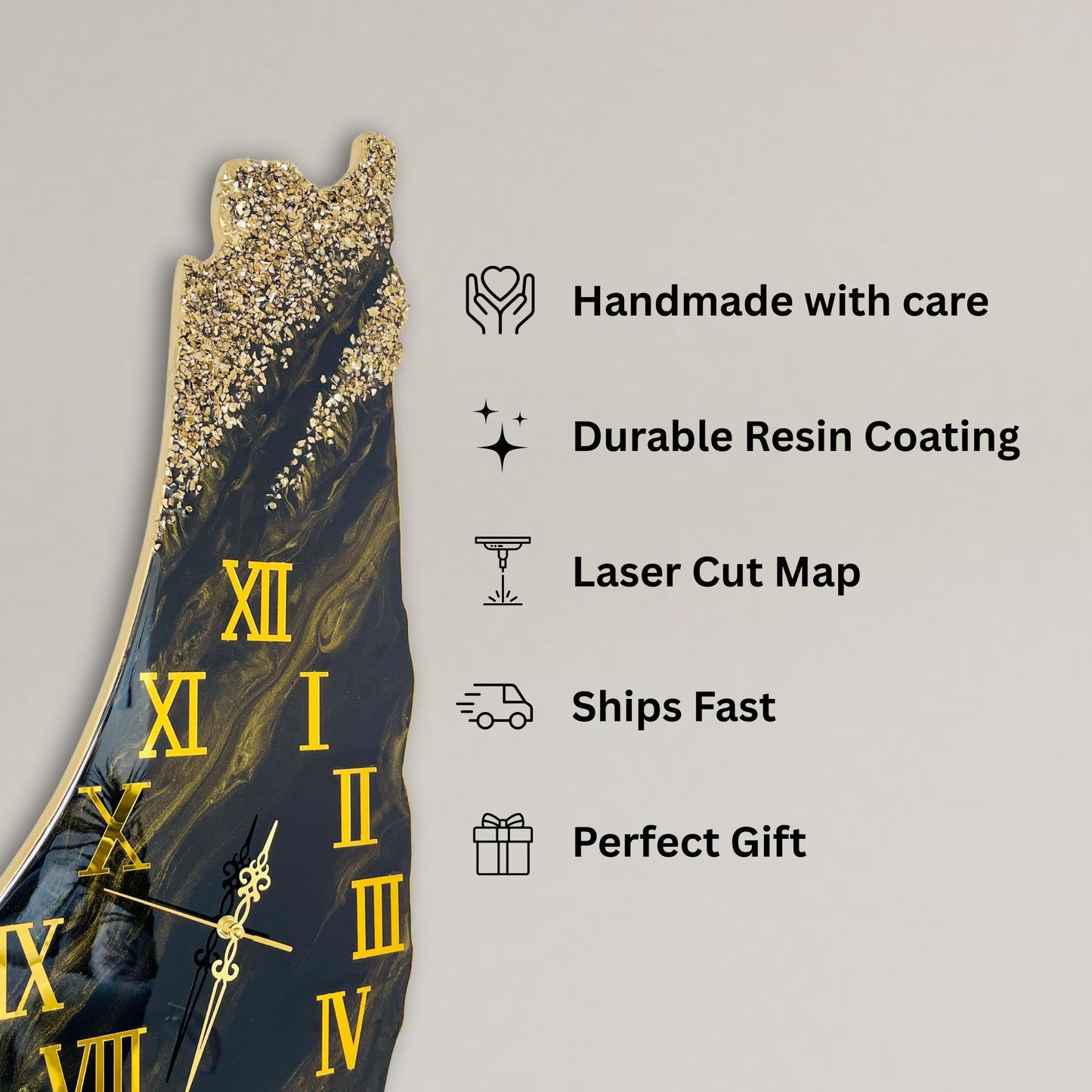 Palestine Map, Palestine Wall Clock - Black & Gold, Resin Coating | Perfect Gift