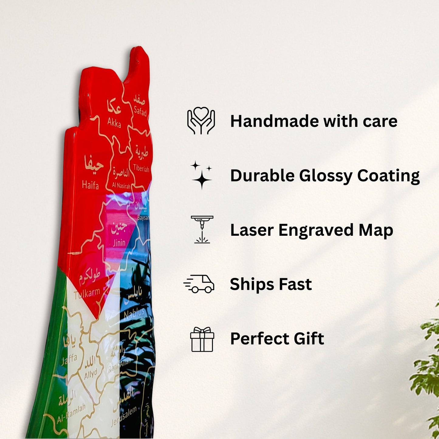 Palestine Map, Flag Colours, Engraved Cities - Resin Finish | Perfect Gift