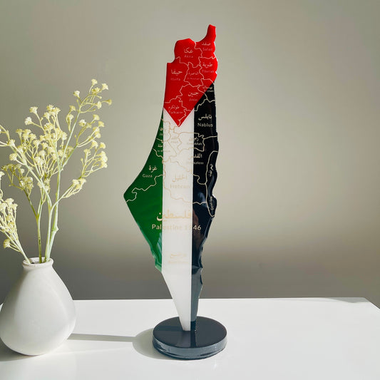 Palestine Map with Engraved Cities & Resin Finish on a stand