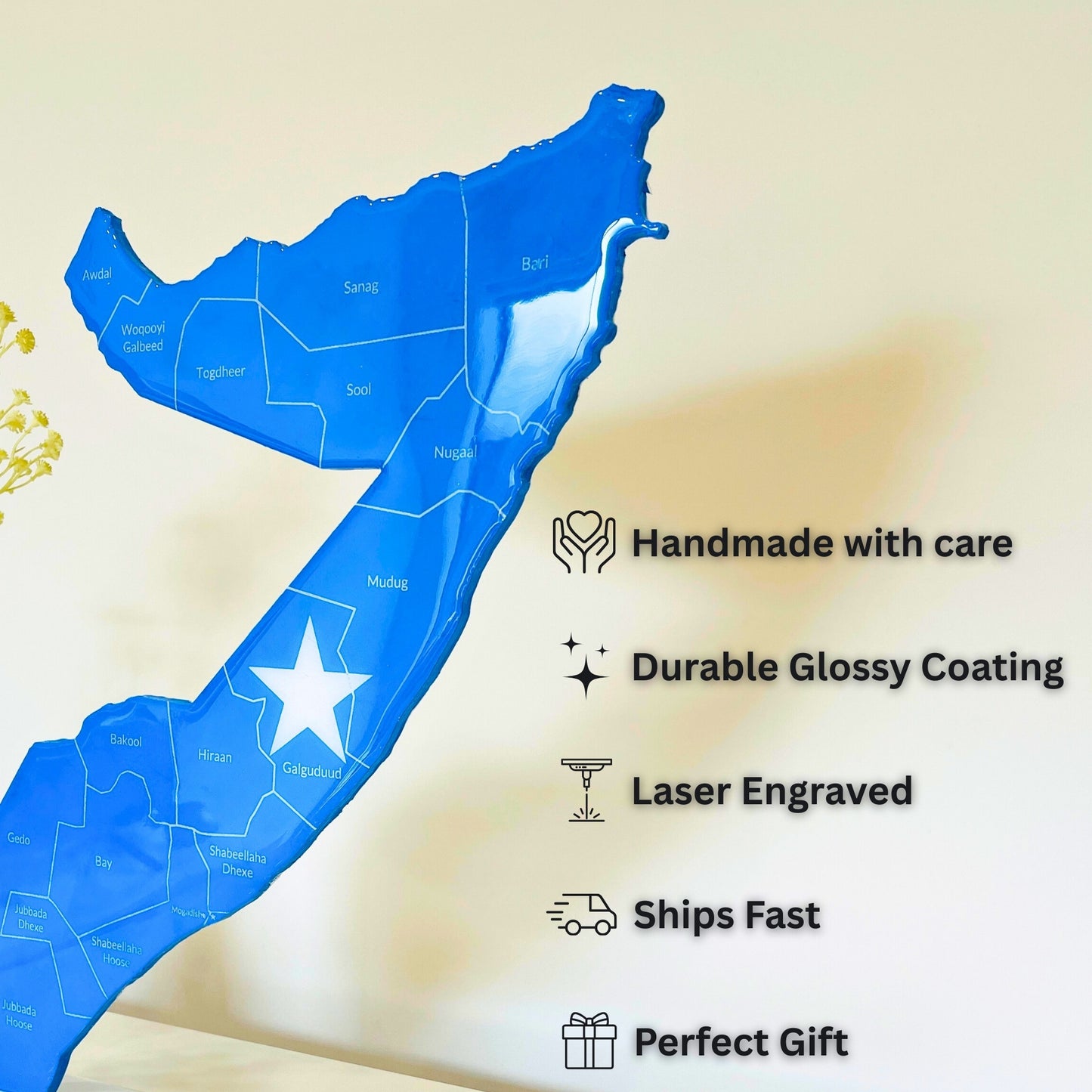 Somalia Map, Somali Flag Colours, Engraved Regions - Glossy Finish | Perfect Gift