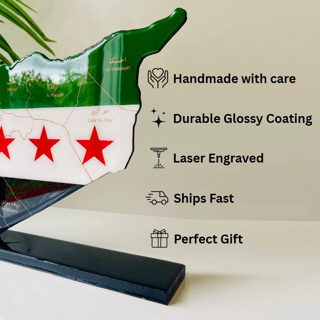 Syria Map, Free Syria Flag Colours, Engraved Provinces - Resin Finish | Perfect Gift