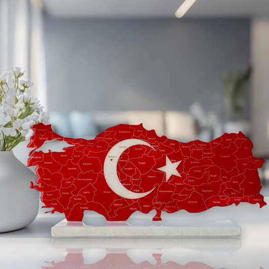 Türkiye Map, Flag Colours, Engraved Provinces - Resin Finish | Perfect Gift