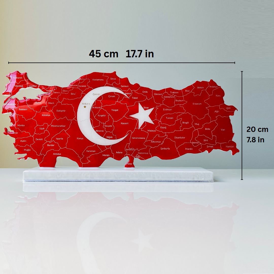 Türkiye Map, Flag Colours, Engraved Provinces - Resin Finish | Perfect Gift