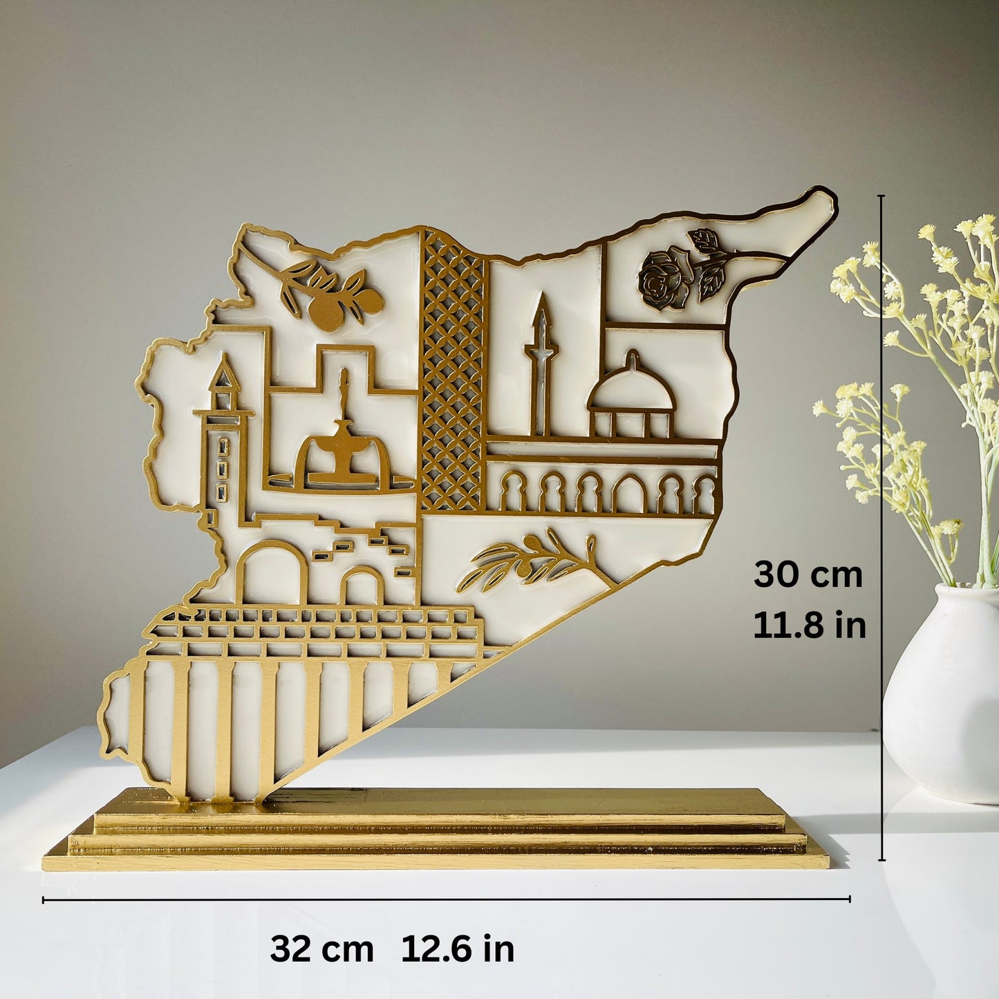 Syria Wooden Map, Heritage Icons - Resin Finish | Perfect Gift