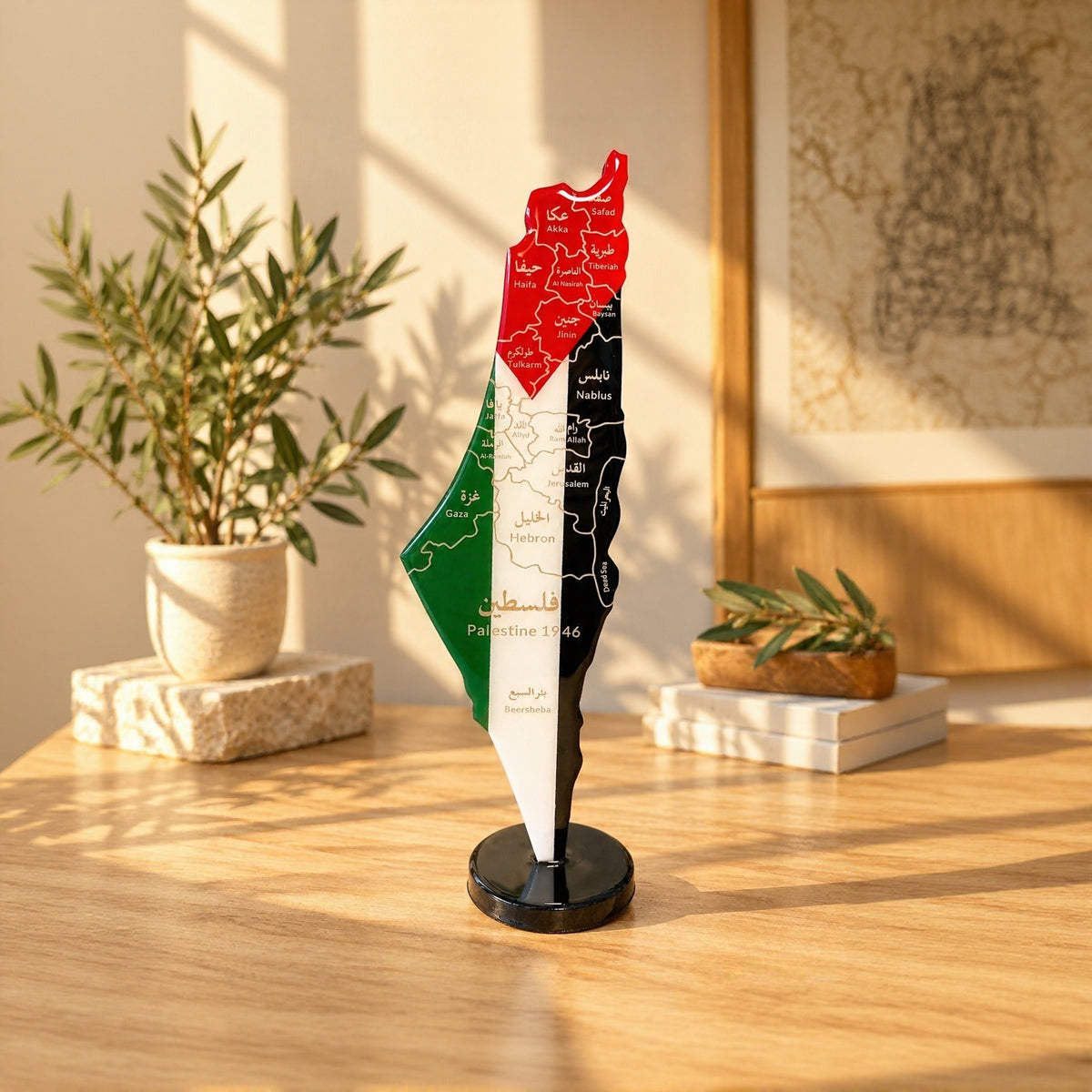 Palestine Map with Flag Colors and Engraved Cities, Glossy Finish