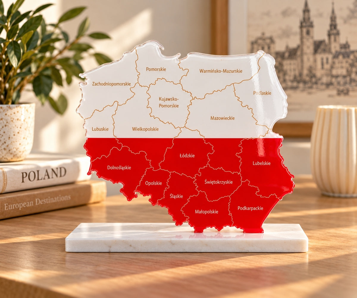 Poland Map with Flag Colors and Engraved Provinces, Glossy Finish