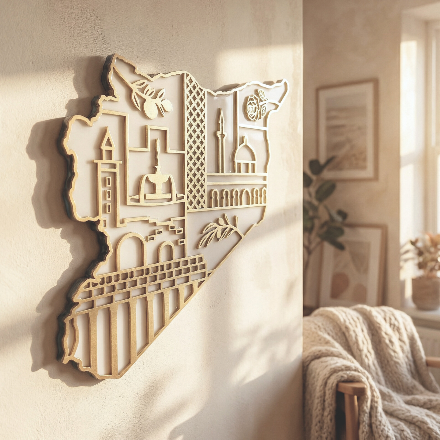 Syria Map Wall Art with Syrian Heritage Symbols, Glossy Finish