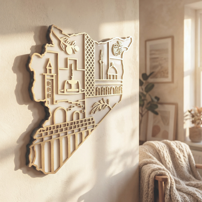 Syria Map Wall Art with Syrian Heritage Symbols, Glossy Finish