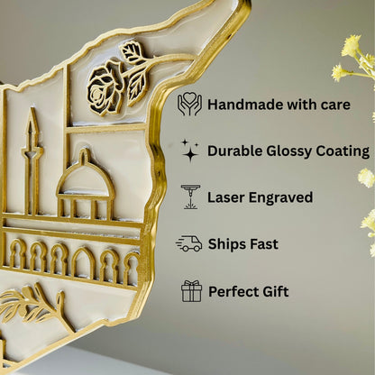 Syria Wooden Map, Heritage Icons - Resin Finish | Perfect Gift