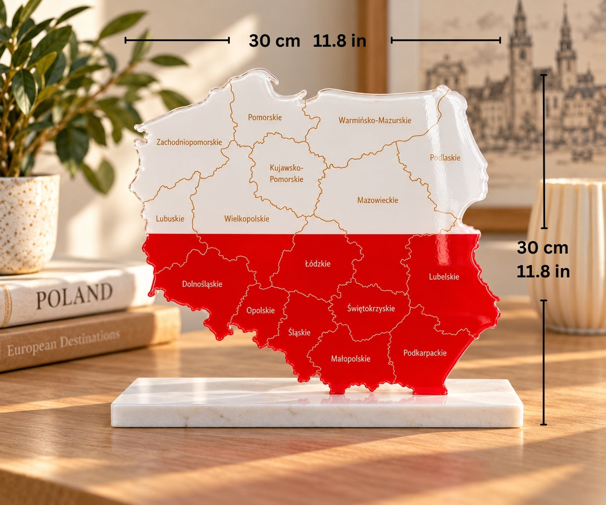 Poland Map with Flag Colors and Engraved Provinces, Glossy Finish