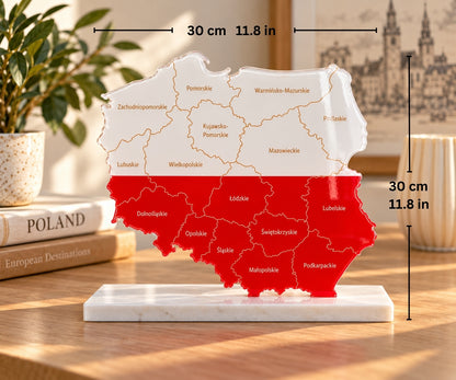 Poland Map with Flag Colors and Engraved Provinces, Glossy Finish
