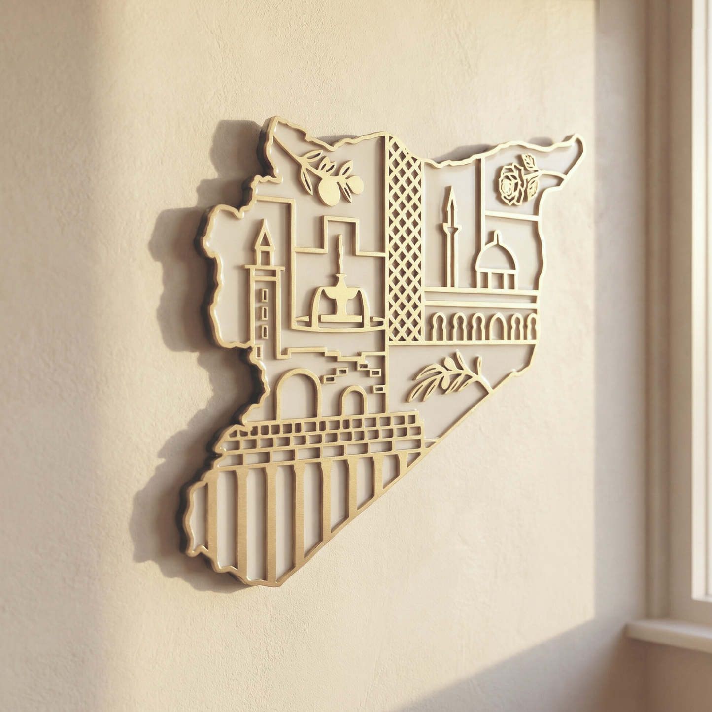 Syria Map Wall Art with Syrian Heritage Symbols, Glossy Finish