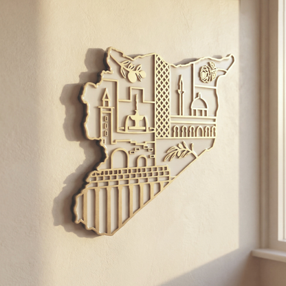 Syria Map Wall Art with Syrian Heritage Symbols, Glossy Finish