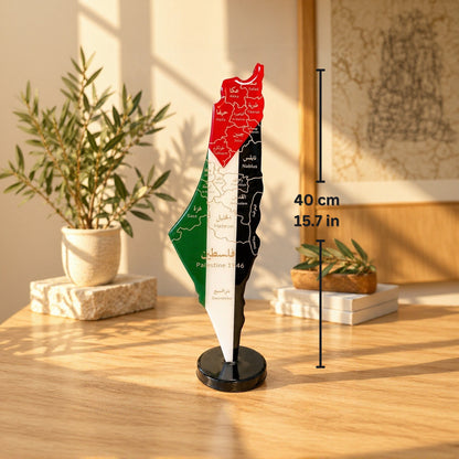 Palestine Map with Flag Colors and Engraved Cities, Glossy Finish