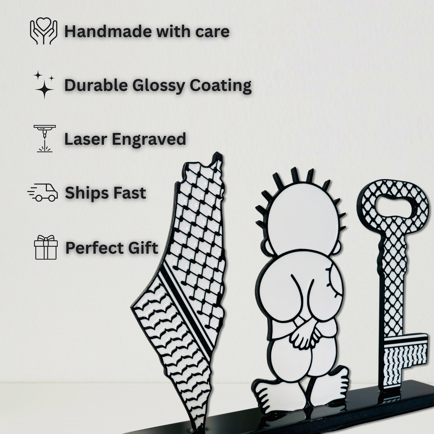 Palestine Map with Kuffiyeh, Handala & Key of Return | Glossy Resin Finish | Symbolic Gift