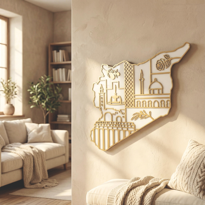 Syria Map Wall Art with Syrian Heritage Symbols, Glossy Finish