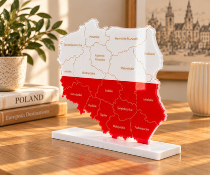 Poland Map with Flag Colors and Engraved Provinces, Glossy Finish