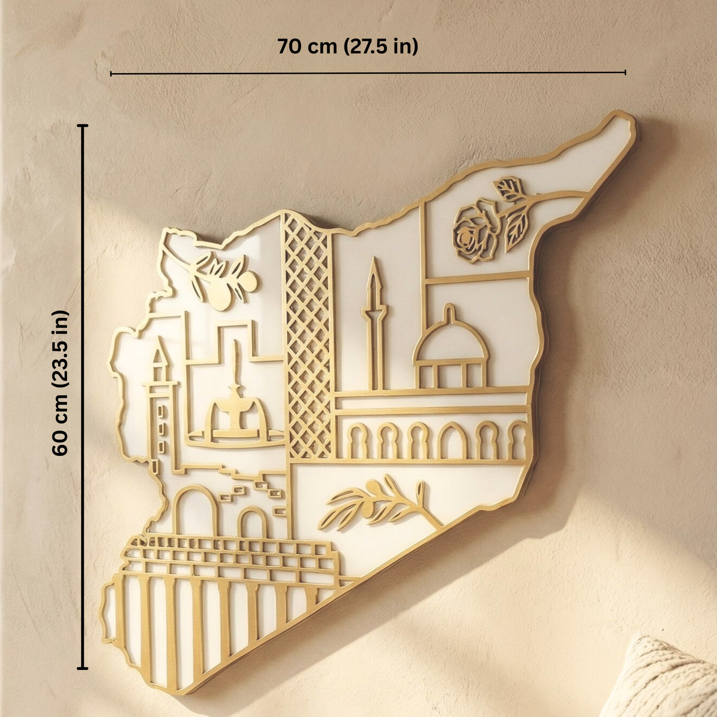 Syria Map Wall Art with Syrian Heritage Symbols, Glossy Finish