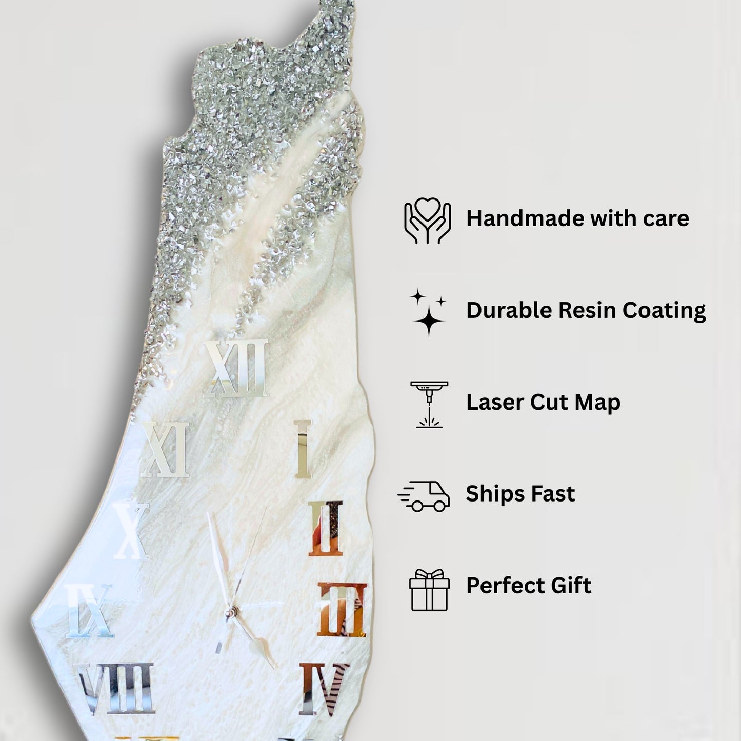 Palestine Map, Silver Wall Clock - Resin Coating | Perfect Gift