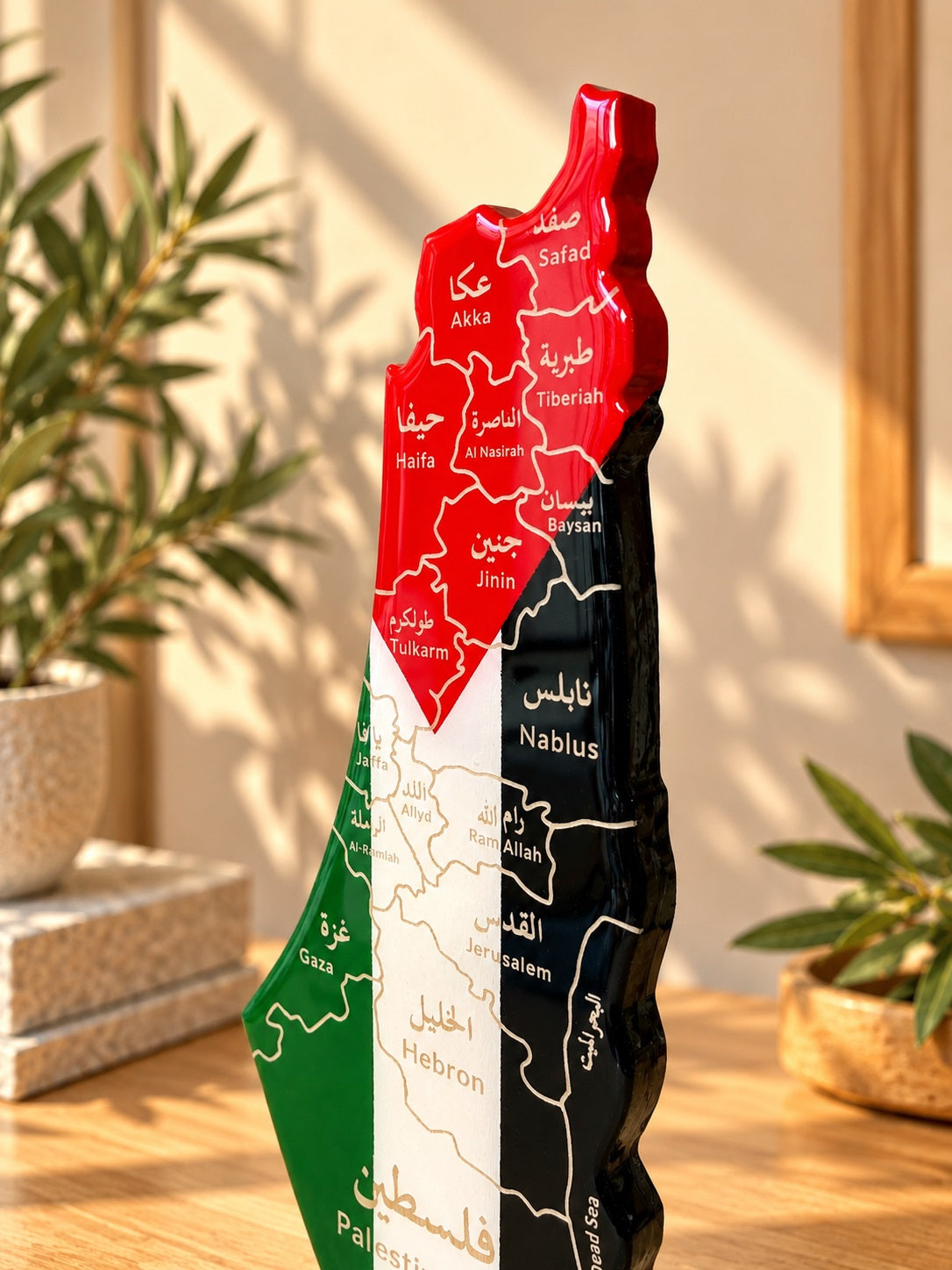 Palestine Map with Flag Colors and Engraved Cities, Glossy Finish