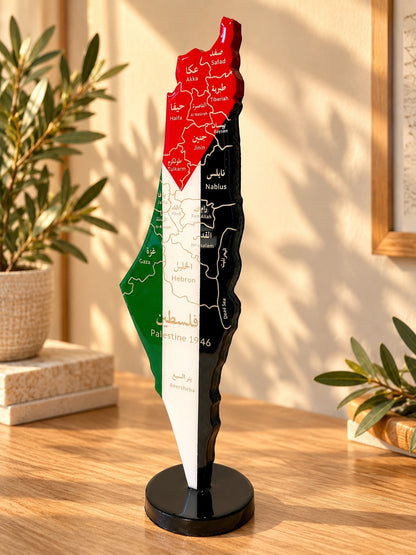 Palestine Map with Flag Colors and Engraved Cities, Glossy Finish