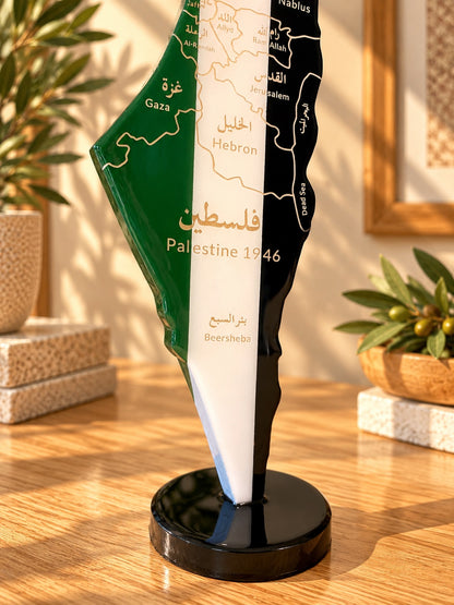 Palestine Map with Flag Colors and Engraved Cities, Glossy Finish
