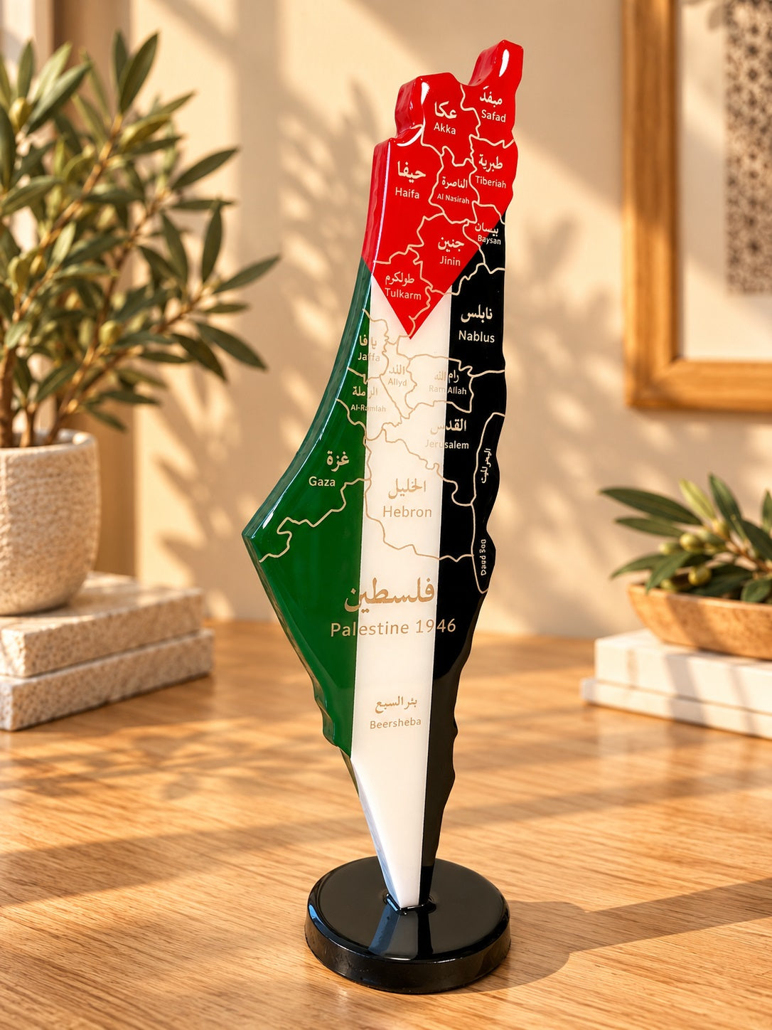 Palestine Map with Flag Colors and Engraved Cities, Glossy Finish