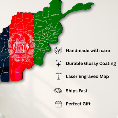 Afghanistan Map, Afghan Flag Colours, Engraved Provinces - Resin Finish | Perfect Gift