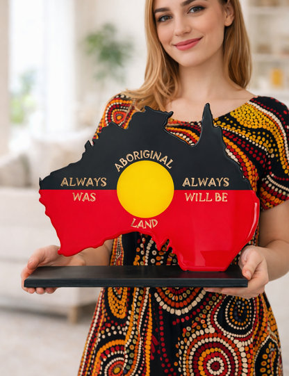 Australia Map with Aboriginal Flag, “Always Was, Always Will Be” Engraving, Glossy Resin Art